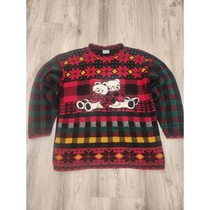 Vtg Squeeze Me Ugly Christmas Sweater Black Red Plaid Panda Bears Poinsettias LG